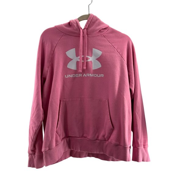Under Armour Tops - Under Armour Pink Pullover Hoodie Sweatshirt Large Barbie Athletic Logo Fleece